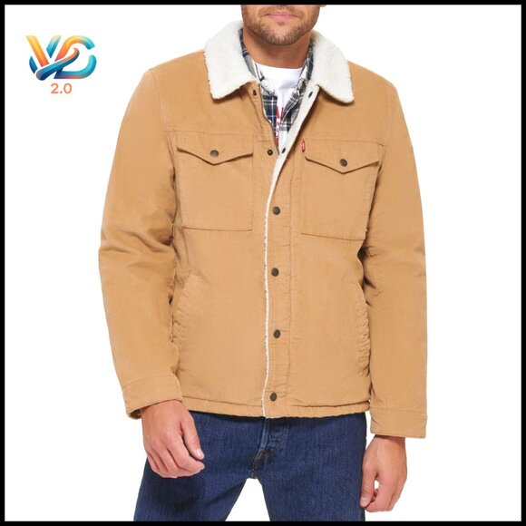 Sherpa Lined Corduroy Trucker Jacket Dual Closure Multiple Pockets